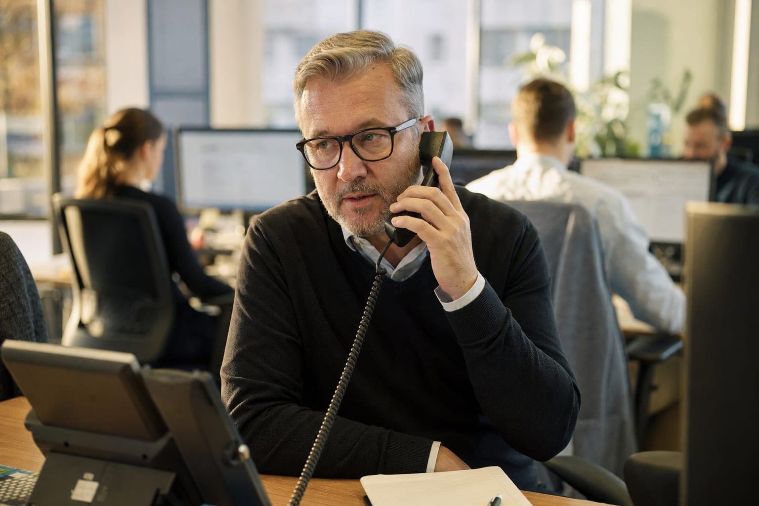 Recruiter im Büro am Telefon, daneben Notizblock und Tischapparat