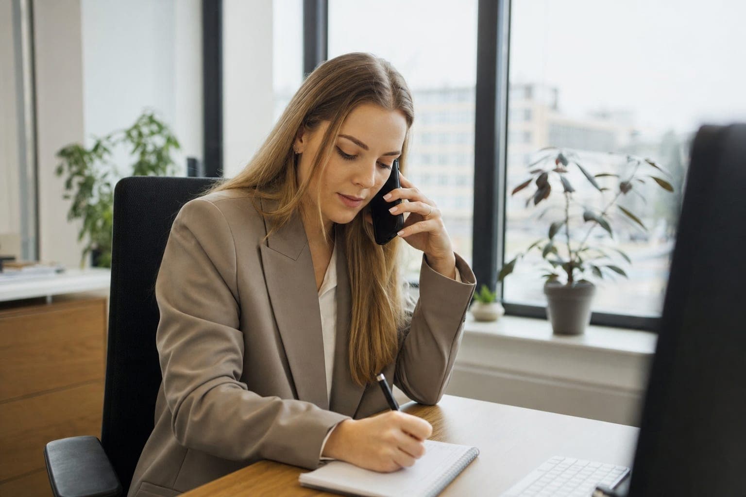 Recruiterin im Telefonat mit Notizblock am Schreibtisch